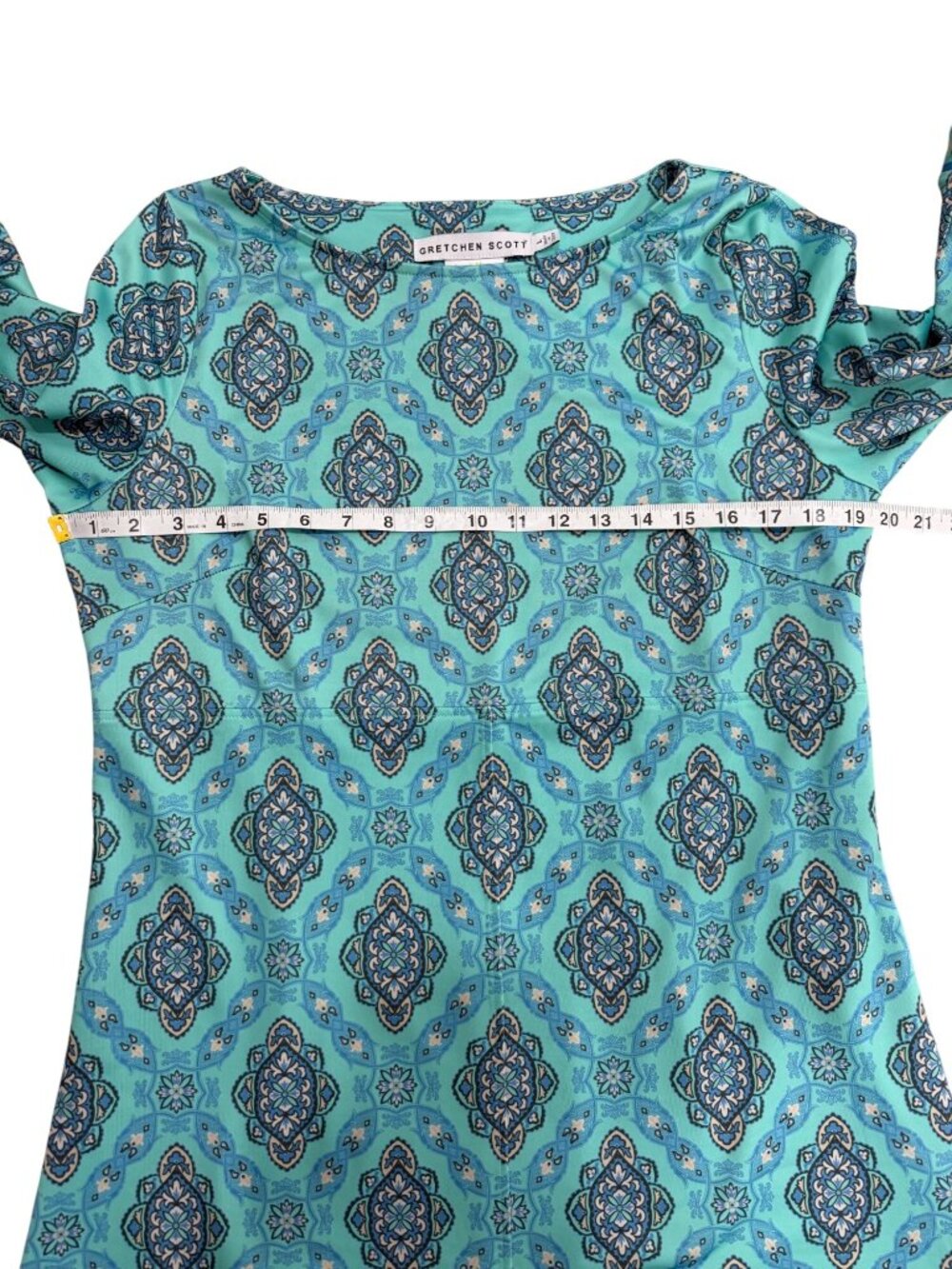 Gretchen Scott Womens Size L Dress Turquoise Medallion Print 3/4 Sleeve Boat-Nec - Picture 5 of 7